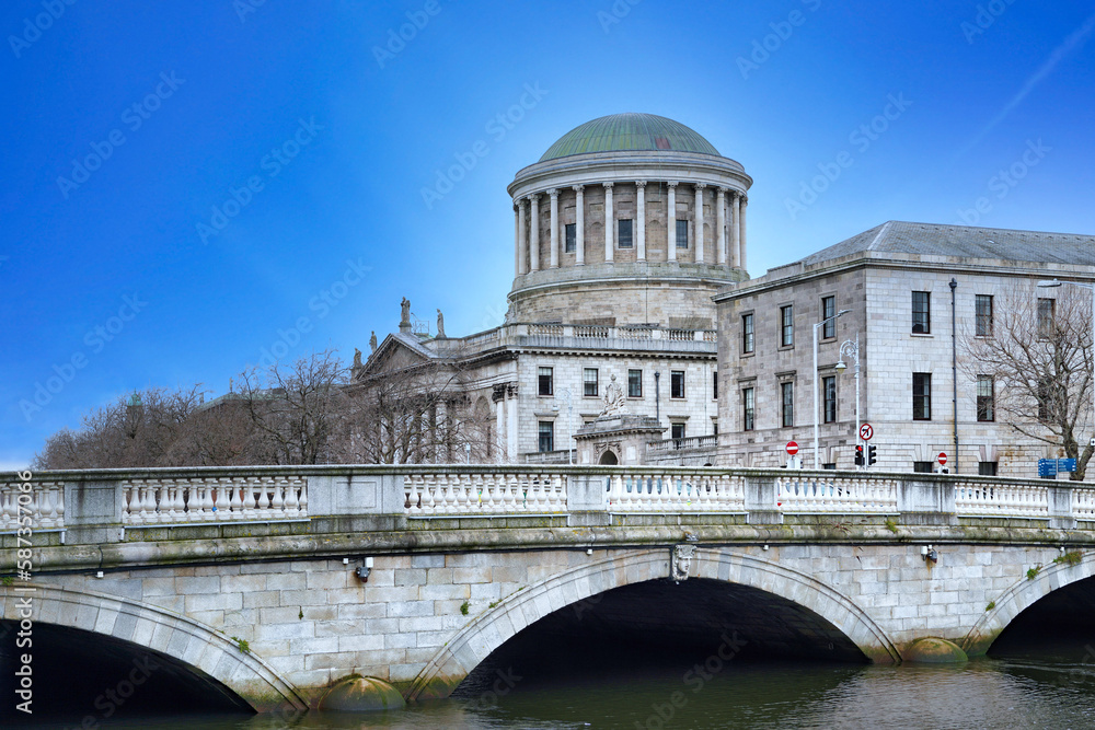 This imposing domed building beside the River Liffey is known as Four Courts, housing the Supreme Court of Ireland, among others