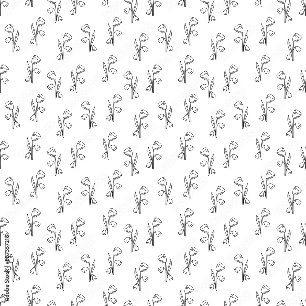 Seamless pattern with flower abstract in the shape of a bell. Doodle black and white vector illustration.