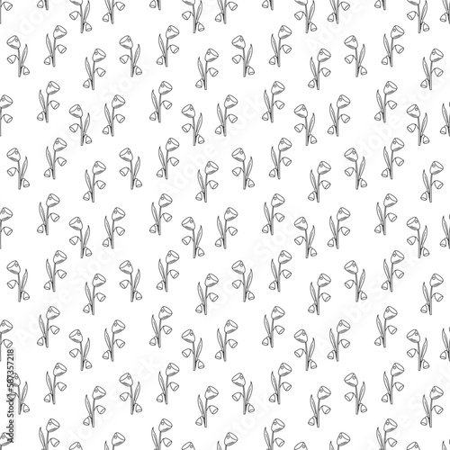 Seamless pattern with flower abstract in the shape of a bell. Doodle black and white vector illustration.