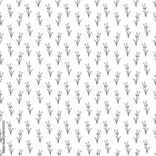 Seamless pattern with flower character in the shape of an oval. Doodle black and white vector illustration.
