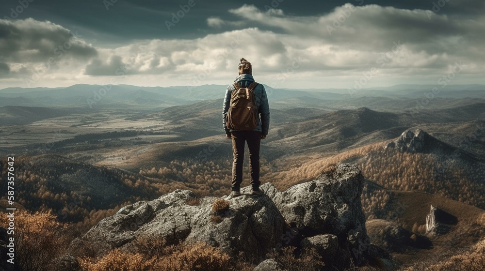 A lone traveler standing on a rocky peak, overlooking a vast, panoramic view of the surrounding landscape Generative AI