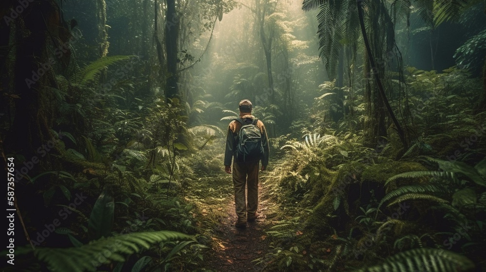 Obraz premium A traveler trekking through a dense jungle, encountering exotic wildlife and plants Generative AI