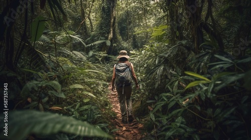A traveler trekking through a dense jungle, encountering exotic wildlife and plants Generative AI