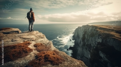 A traveler standing on the edge of a cliff  feeling the rush of the wind and the adrenaline of the view Generative AI