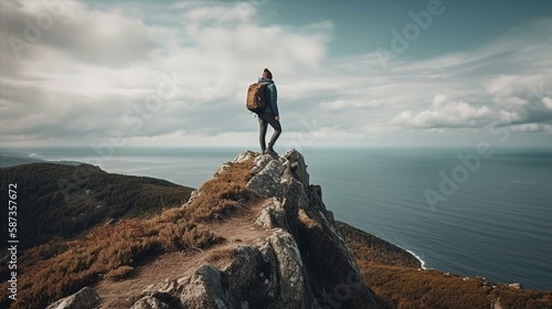 A traveler standing on the edge of a cliff, feeling the rush of the wind and the adrenaline of the view Generative AI