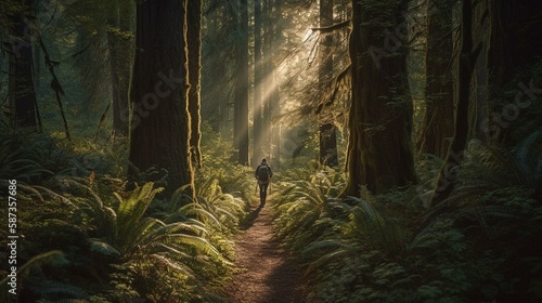 A lone traveler hiking through a dense forest of tall, majestic trees with rays of sunlight filtering through the branches Generative AI © Denis Yevtekhov