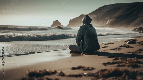 A traveler sitting on a beach, watching the waves crash against the shore and feeling the sun on their skin Generative AI