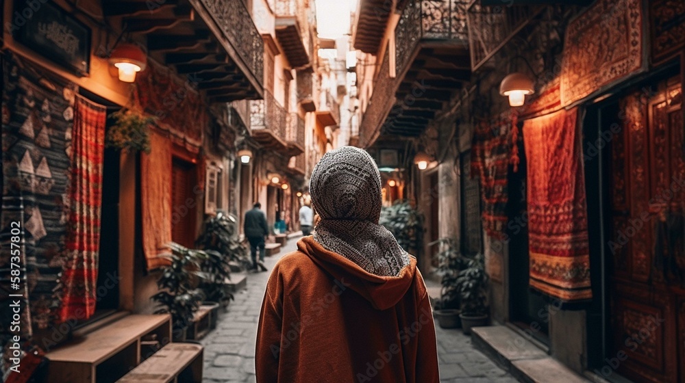 Obraz premium A traveler exploring a vibrant, bustling city, discovering its culture, architecture, and people Generative AI