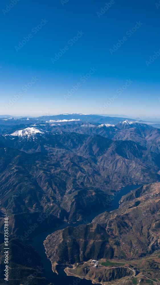 Vertical landscape from the sky, mountains and streams, landscape background