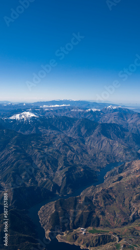 Vertical landscape from the sky, mountains and streams, landscape background