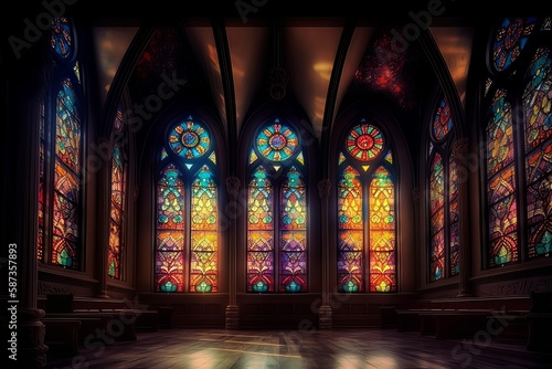 Illuminated Stained Glass Windows in a Church, Generative AI.