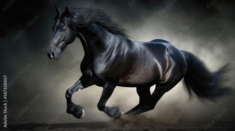 Picture presenting the galloping black horse. Generative AI
