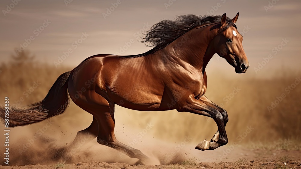Picture presenting the galloping brown horse. Generative AI Picture presenting the galloping brown horse. Generative AI