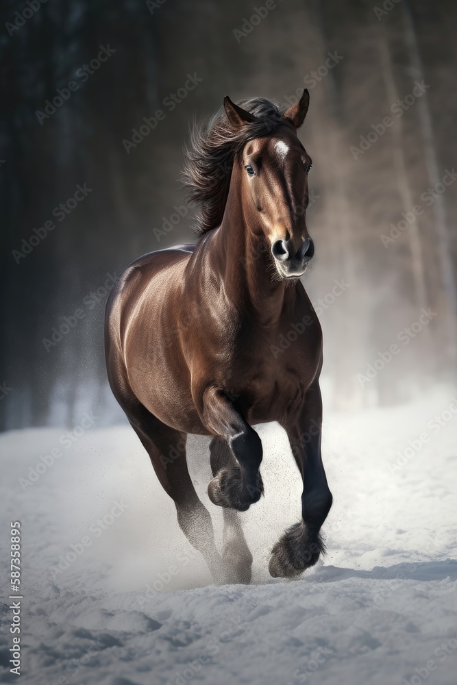 Obraz premium Picture presenting the galloping brown horse. Generative AI
