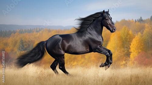 Picture presenting the galloping black horse. Generative AI © AdriFerrer