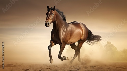 Picture presenting the galloping brown horse. Generative AI © AdriFerrer