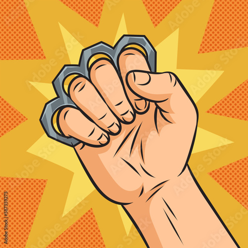 Hand with brass knuckles pinup pop art retro vector illustration. Comic book style imitation.
