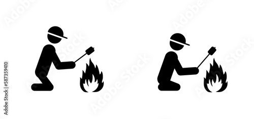 Man sits by the campfire, warms his hands and marshmallow. marshmallows, fire flame. Stop, do not open fire. Stickman , stick figures man icon or pictogram. tourism, summer camp, fireplace on camping.