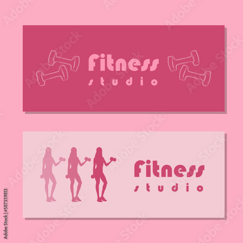 Fitness studio school flyer with silhouette of women in sportswear standing and doing a workout with dumbbells on pink background. Vector illustration