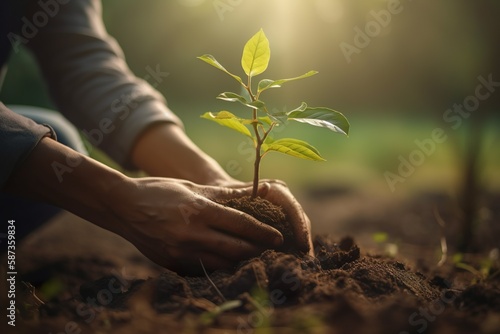 Un jardinier plantant un arbre dans un environnement naturel. Travail collaboratif, de respect pour l'environnement. Création d'un espace vert. Generative AI photo