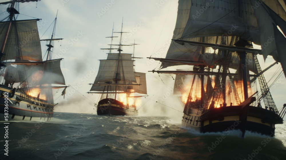 Obraz premium Sailing ship battle in the ocean [AI GENERATIVE]