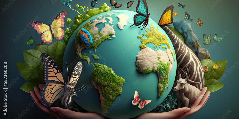 Earth crystal glass globe ball and growing tree in human hands - Generative AI Earth crystal glass globe ball and growing tree in human hands - Generative AI