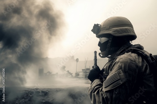 soldier in action, battlefield, smokes and disaster, scenario background.Generative AI © KaterynaVS