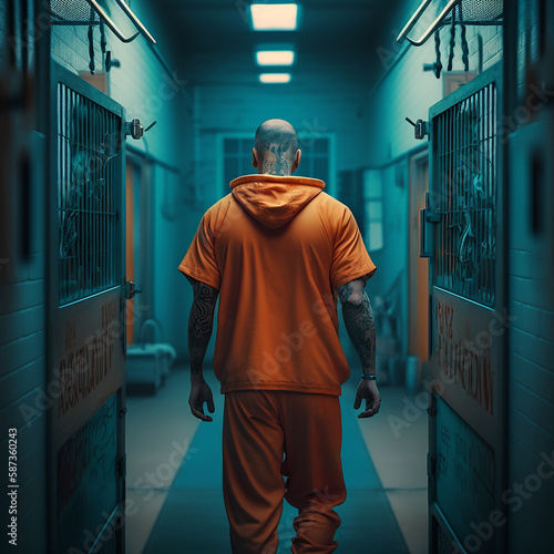 Inmate Prisoner Tough Man In Prison Walking Down Hall Generative AI photo