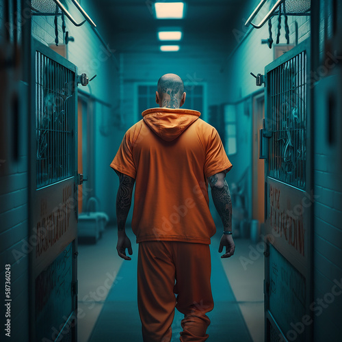 Inmate Prisoner Tough Man In Prison Walking Down Hall Generative AI