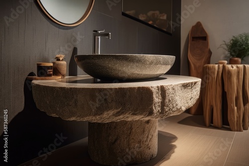 modern stone sink and mirror in a minimalist bathroom design. Generative AI