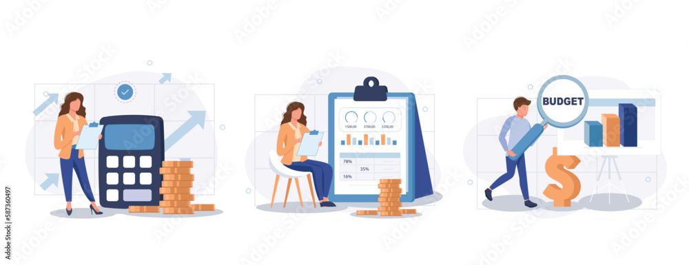 Analyzing budget concept isolated person situations. Collection of scenes with people do financial accounting, calculate statistics, earnings increase. Mega set. Vector illustration in flat design Analyzing budget concept isolated person situations. Collection of scenes with people do financial accounting, calculate statistics, earnings increase. Mega set. Vector illustration in flat design