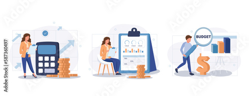 Analyzing budget concept isolated person situations. Collection of scenes with people do financial accounting, calculate statistics, earnings increase. Mega set. Vector illustration in flat design  © makyzz