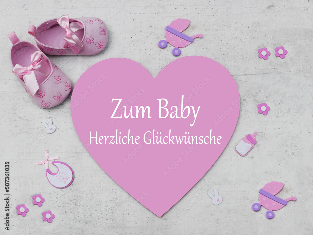 Glückwunschkarte zum Baby Rosa Herz mit dem Text zum Baby herzliche