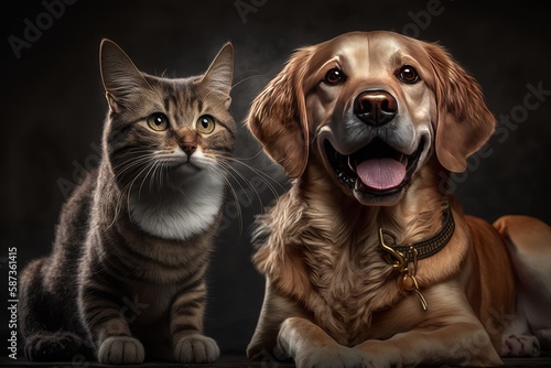 Portrait of a dog and a cat posing very happy together (Generative AI)