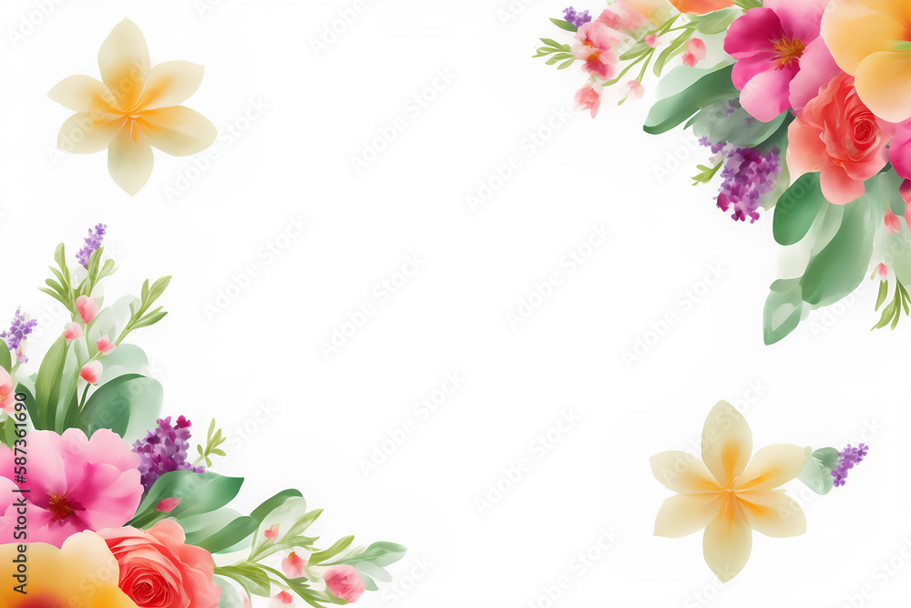 White background with flowers forming half frame spring for Mother's Day, copy space