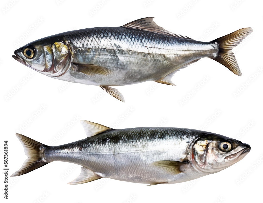 Fototapeta premium Two fresh sardines isolated on transparent PNG background. Created with Generative AI.