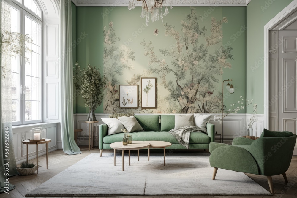 Beautiful green and beige living room with carpeted floor, wallpaper ...