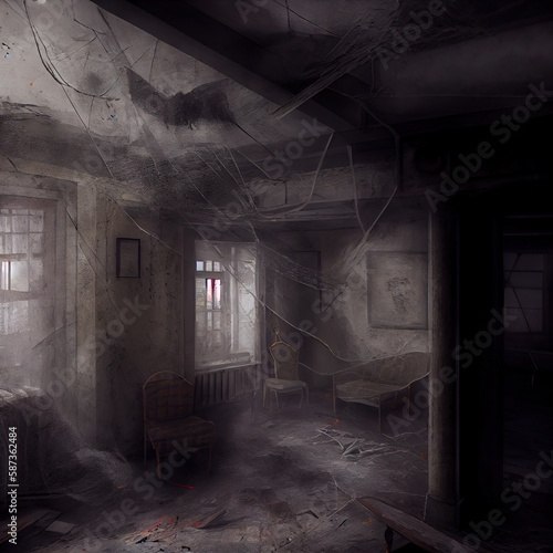 A very gloomy apartment with cobwebs on the walls, created with generative ai