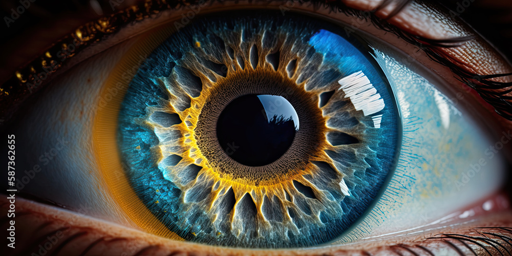 Macro close-up of human eye with blue, yellow and brown color - Generative AI