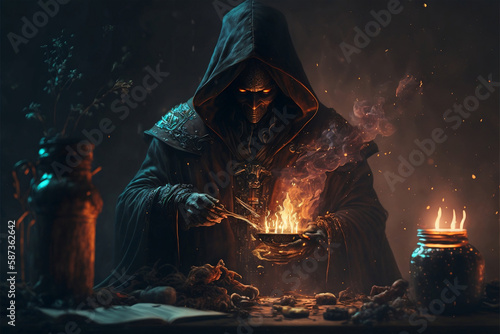 a powerful dark magician performing spells and rituals, Generative AI