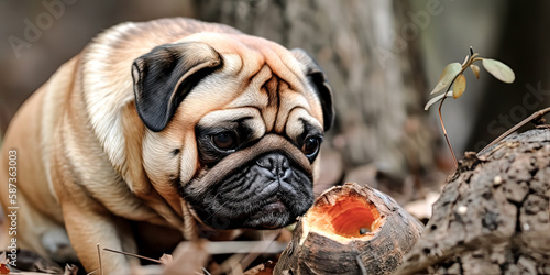 A vibrant image of a brown and white pug with large, round eyes and a black button nose captures the pup's sweet and gentle nature - generative ai.