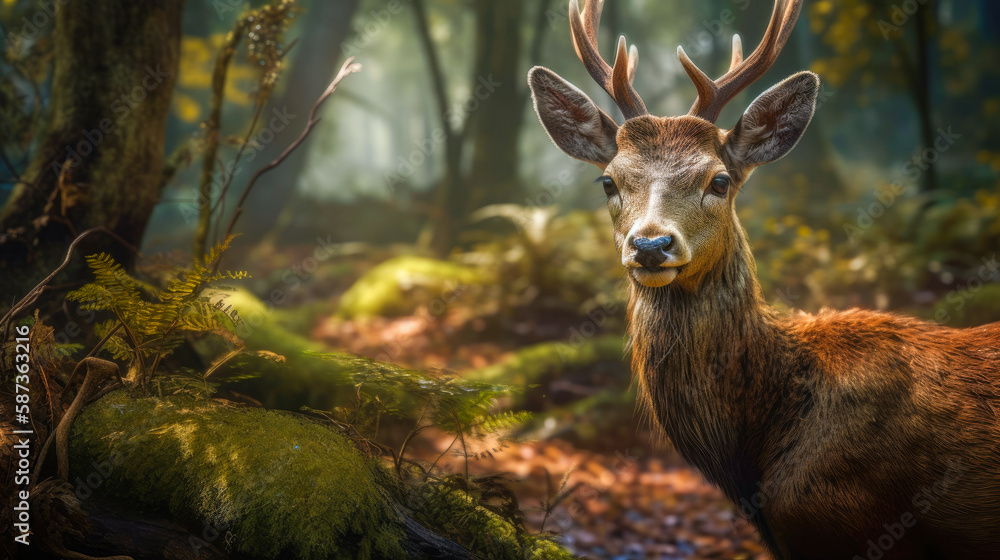 A young deer with antlers against the backdrop of a picturesque mystical forest. A wild animal in nature. Generative AI A young deer with antlers against the backdrop of a picturesque mystical forest. A wild animal in nature. Generative AI