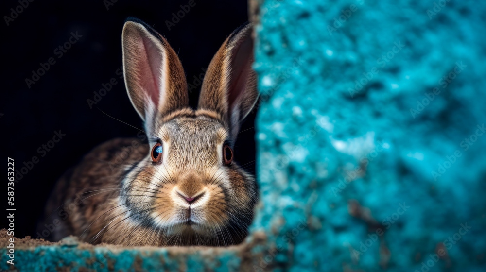 Fototapeta premium Cute rabbit peeking out from behind turquoise colored wall. Copy space. Generative AI