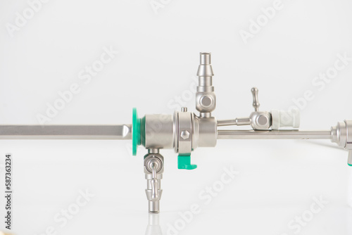 Closeup of Reusable Laparoscopic Surgical Tool on White Background. Product photography of surgical tools. 