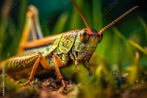 Close-up of a grasshopper on a background of green grass. An insect in the natural environment. Generative AI © Bulat
