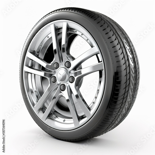 Car wheel on shiny alloy disc with tire, isolated on white background. Generative AI. photo