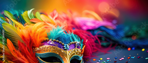 Close-up with the Venetian mask on a table with vibrant colors