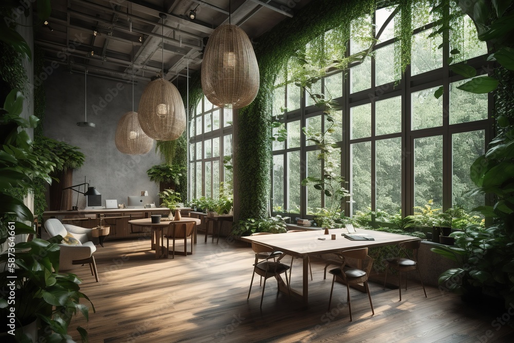 Biophilic interior design with a lot of indoor plants. 
