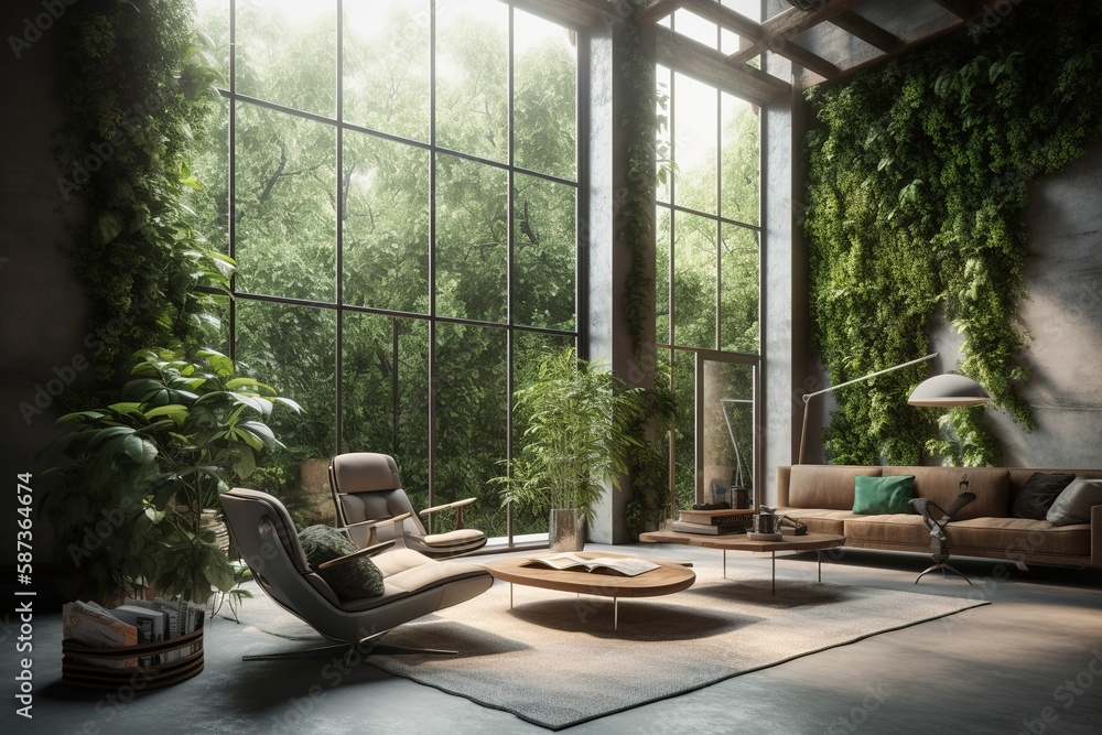 Biophilic interior design with a lot of indoor plants. 