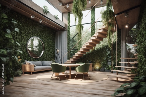 Biophilic interior design with a lot of indoor plants. Generative AI © Yevhenii
